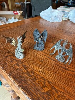 Set of 3 Decorative Dragon Figurines with Metallic Silver & Gold Accents